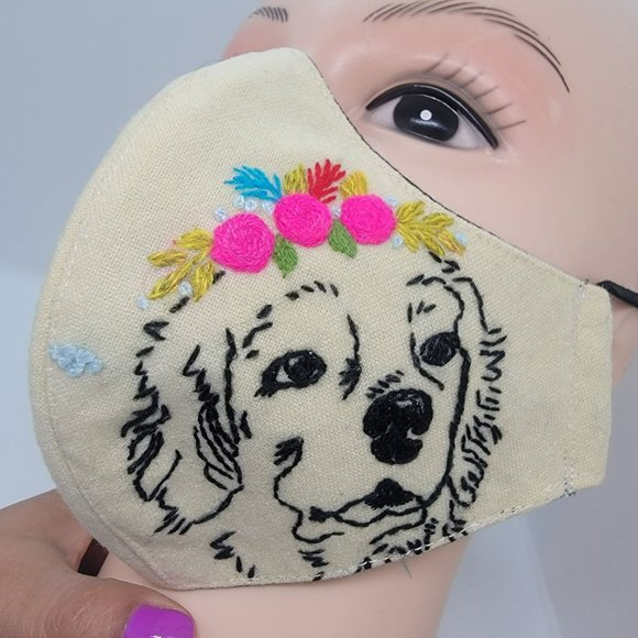 New Face cover ear loop Cream Mask Women Embroidered handmade golden dog design - Picture 1 of 6